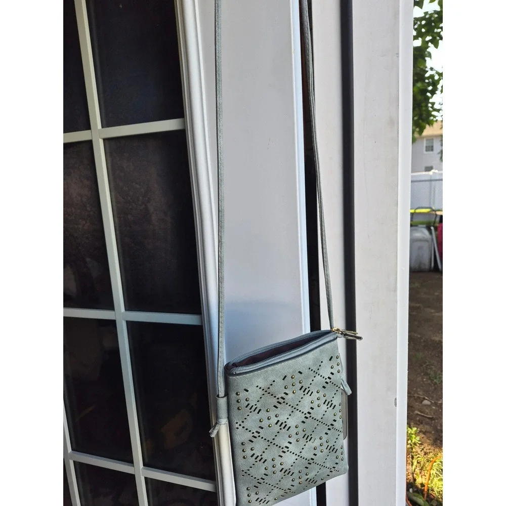 Stay Beautiful Laser Cut Studded Crossbody Phone Bag Blue Faux Suede boho